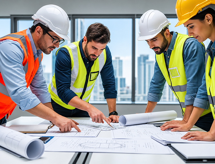 Four construction workers in safety gear reviewing building plans on a table in an office.