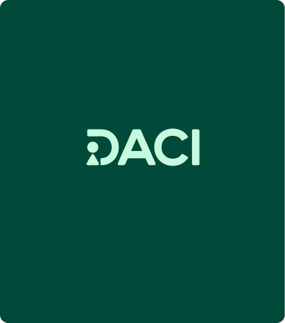 DACI logo with stylized letters on a dark green background.