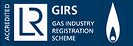 Blue and white logo of LR Accredited GIRS Gas Industry Registration Scheme with stylized flame icon.