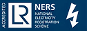 Logo with a large stylized letter R inside a square, the letters LR next to it, and text reading Accredited NERS National Electricity Registration Scheme, alongside a white lightning bolt icon on a blue background.