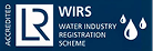 Logo with large initials LR and text reading WIRS Water Industry Registration Scheme, with the word ACCREDITED vertically on the left and two water drop icons on the top right.