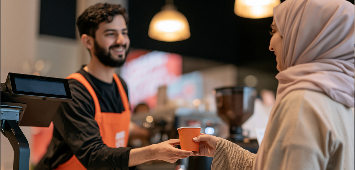 Barista handing a coffee cup to a guest in a Dubai café