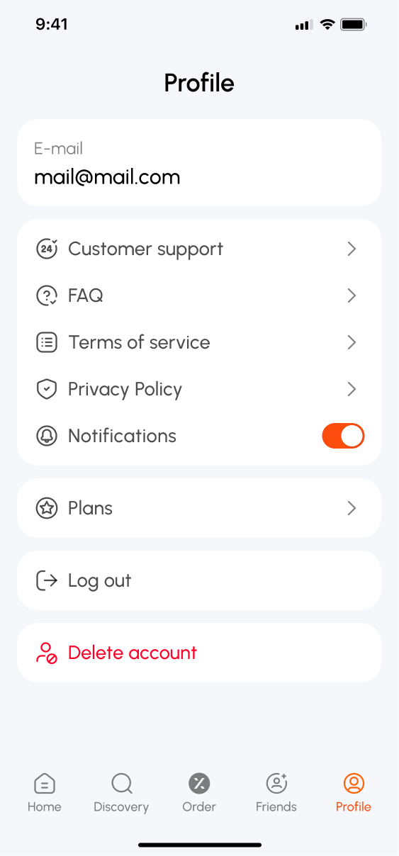 Coffex app Profile screen showing the Delete account button