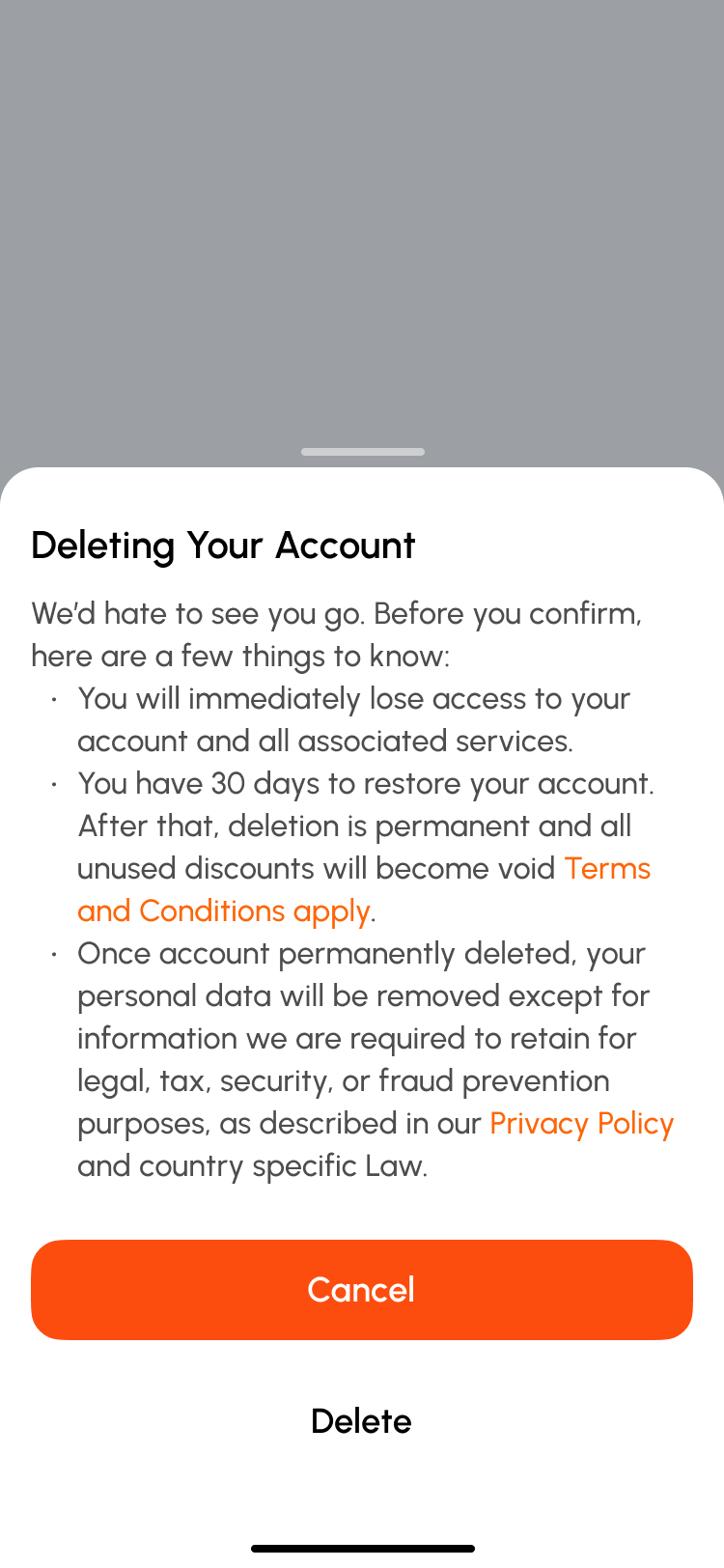 Coffex app confirmation dialog for deleting your account