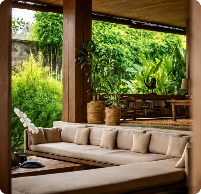 Open-air lounge with garden view