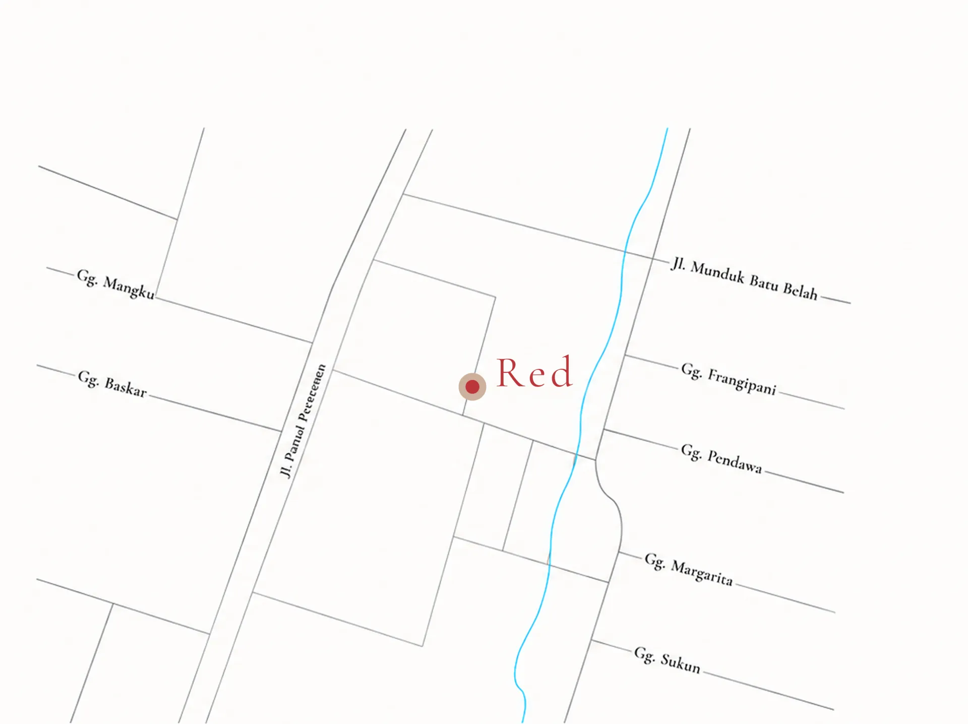 Illustrated map of Pererenan showing Red Garden Villa beside the Pancaran River