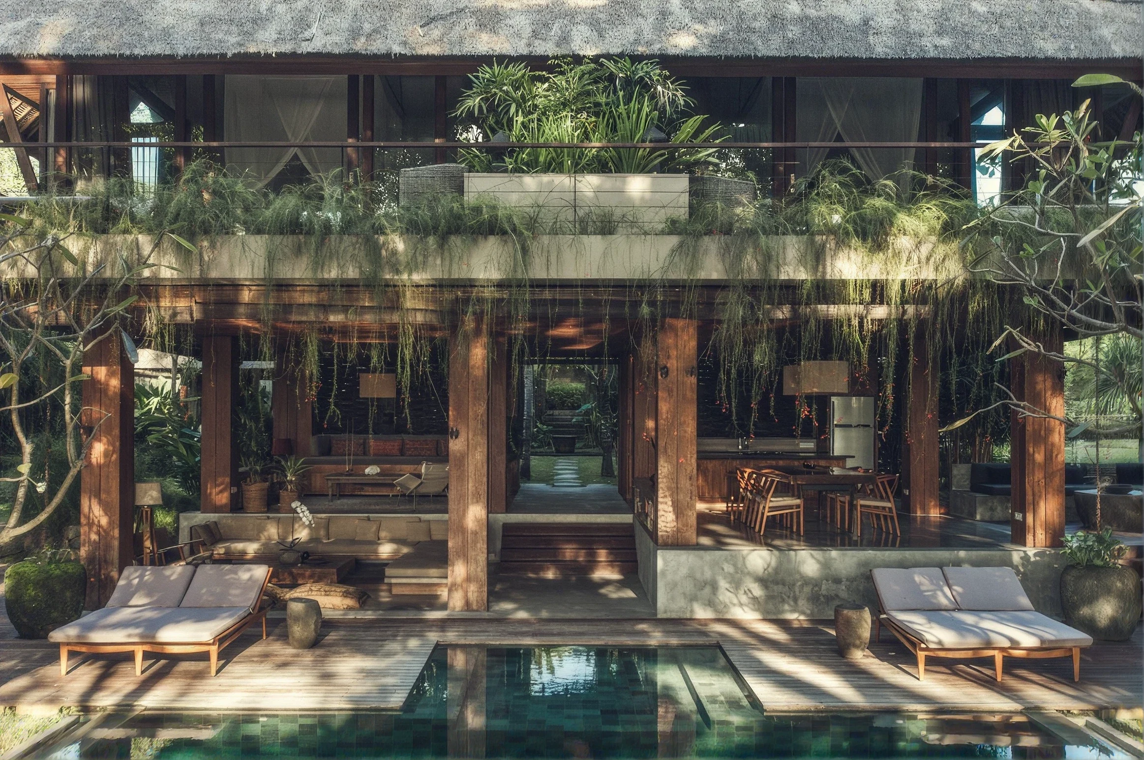 Open-air living space framed by timber and greenery