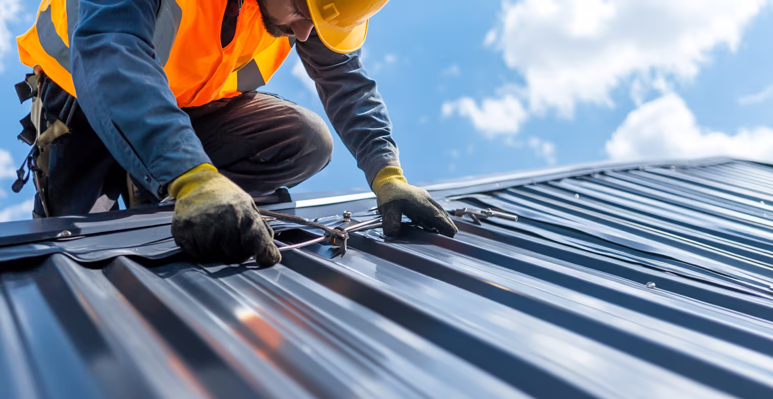 Roofing specialist reviewing a roof and project requirements