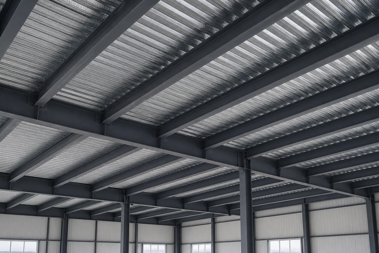 Installed galvanized structural decking and steel purlin system