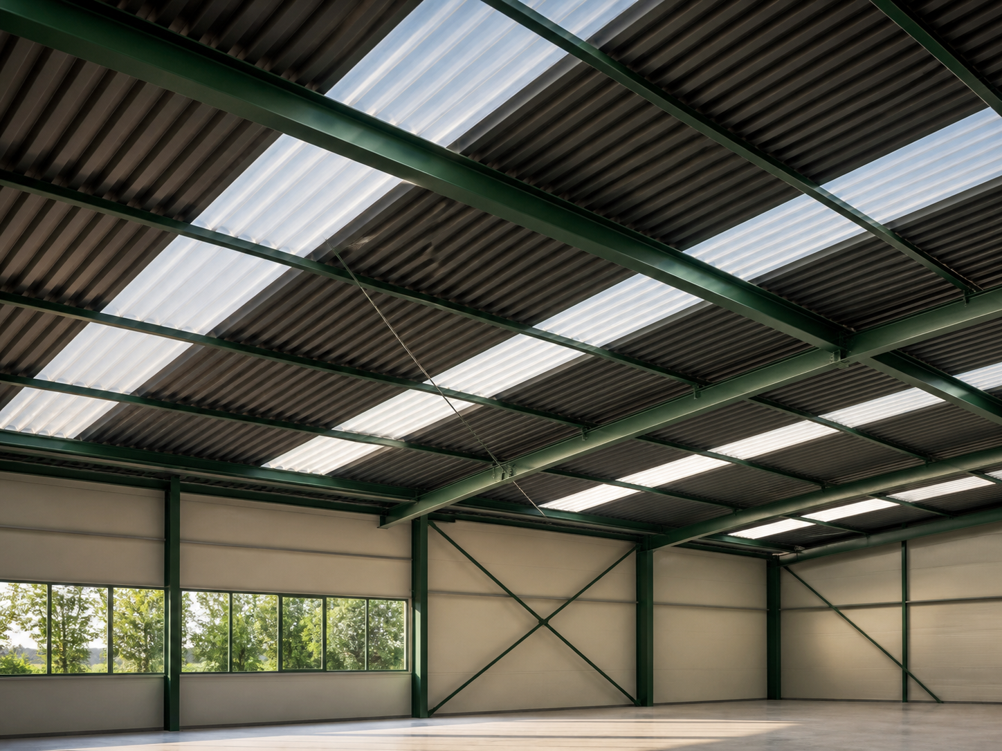Completed FRP daylighting bands integrated into an industrial roof
