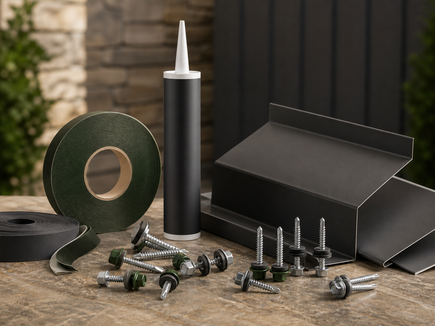 Coordinated roofing fasteners, sealing tape, sealant and metal flashings