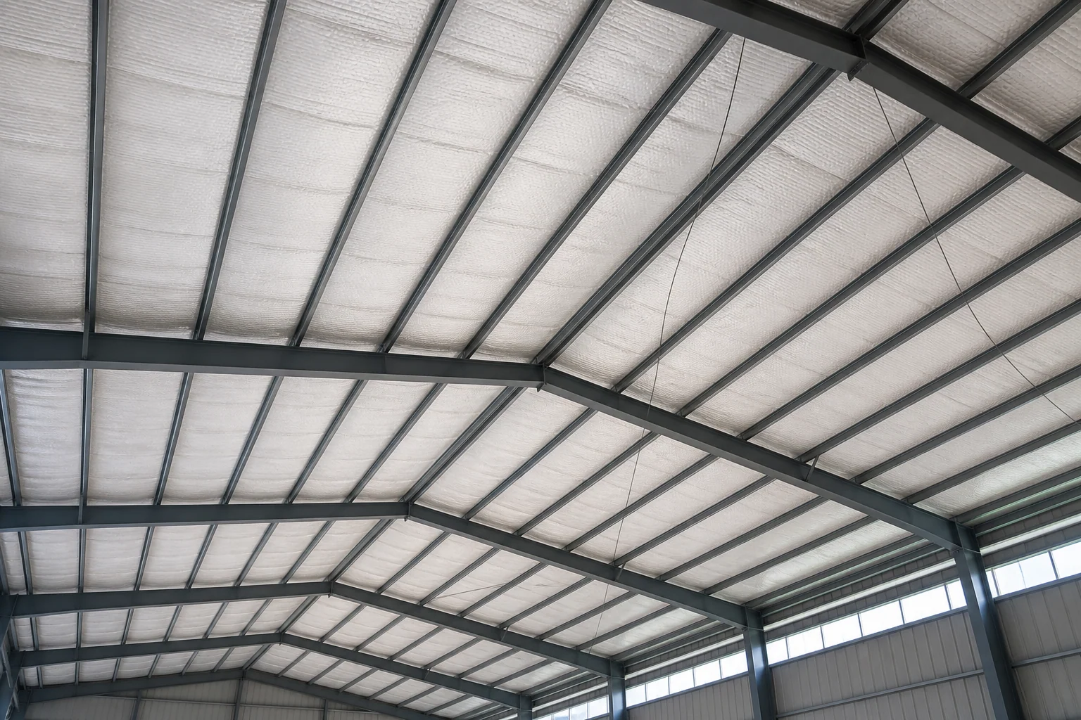 Continuous roof insulation layer installed beneath a metal roof