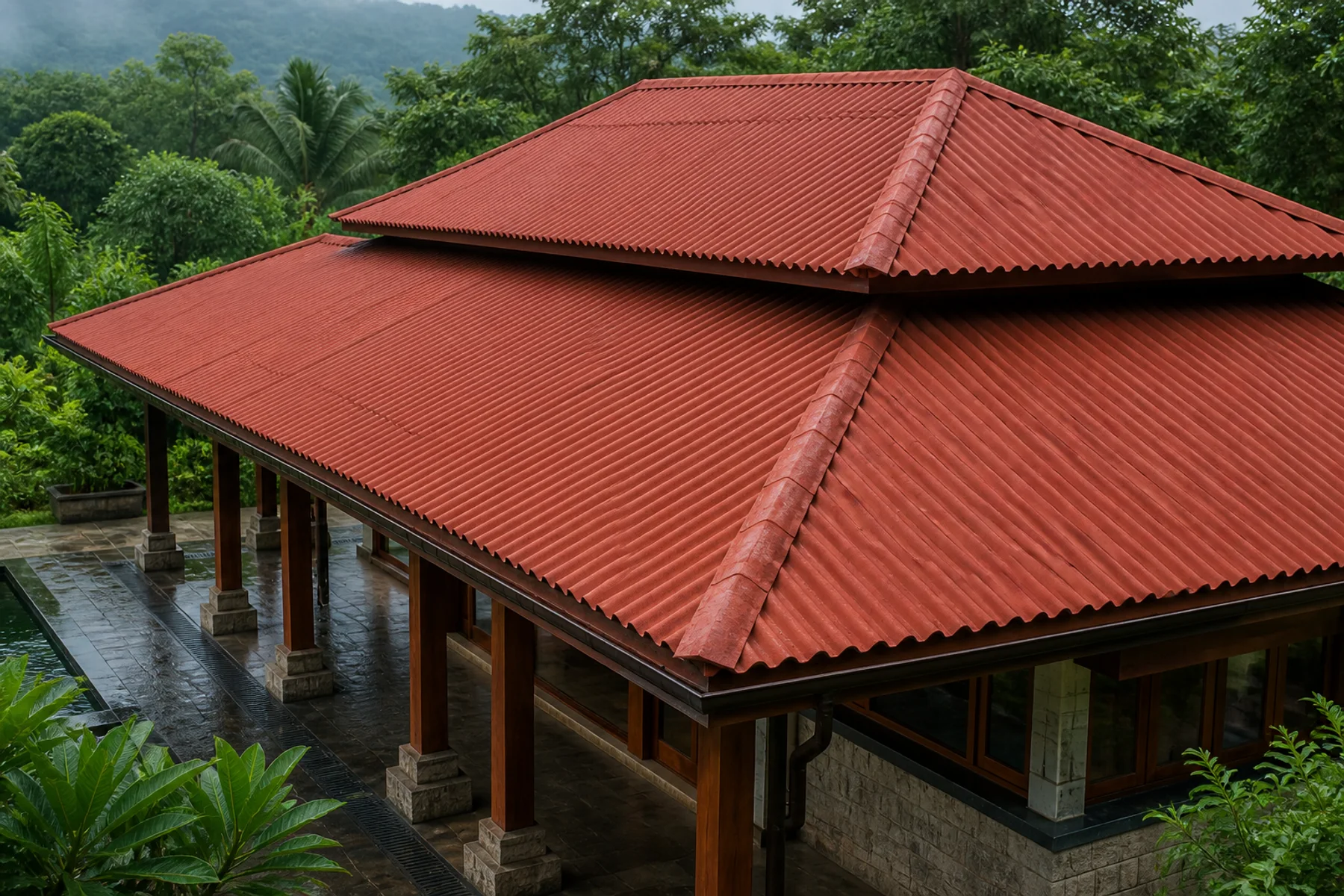 Completed lightweight bituminous roof on a sloped building