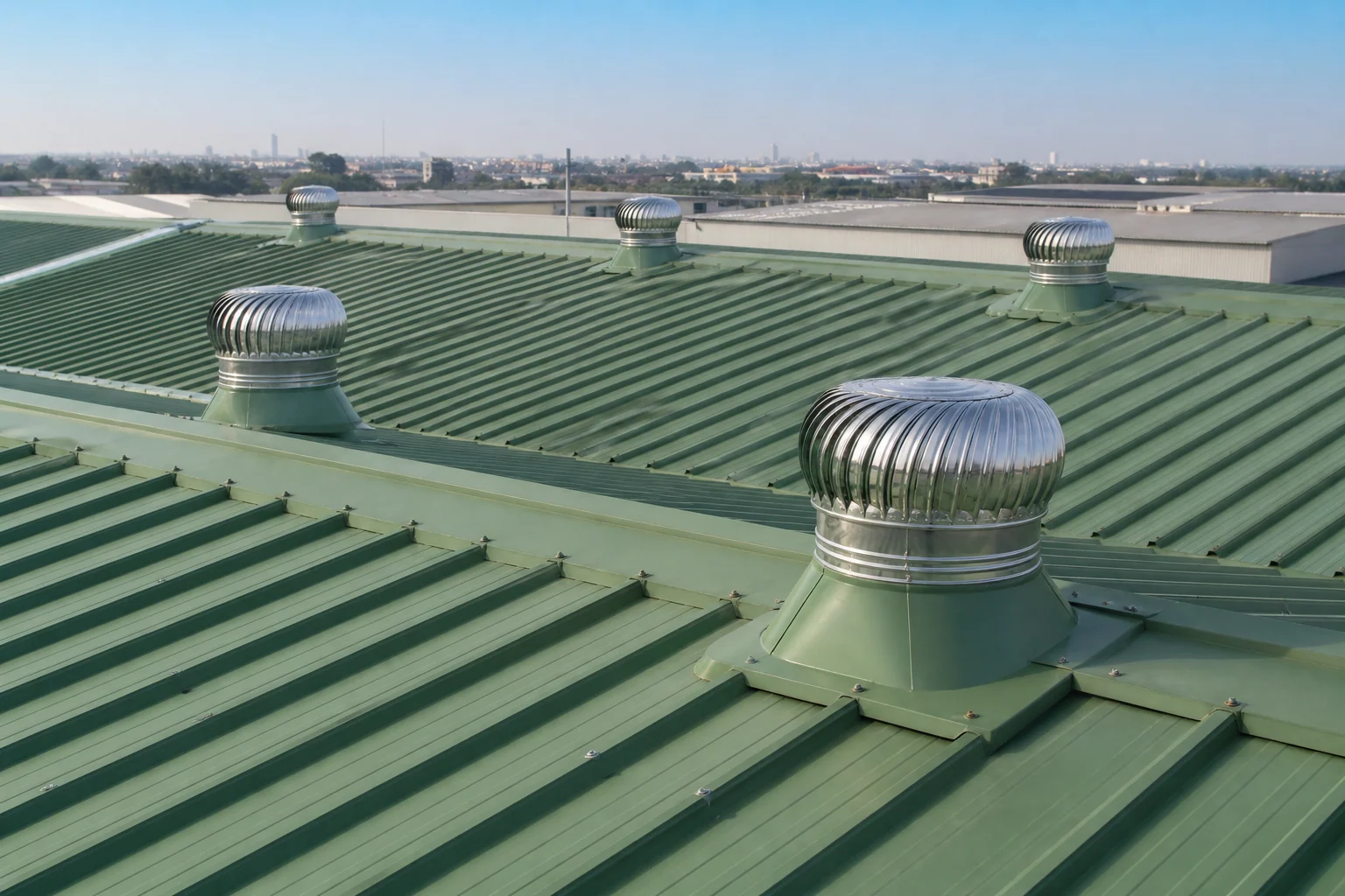 Wind-driven turbo ventilators installed on an industrial roof