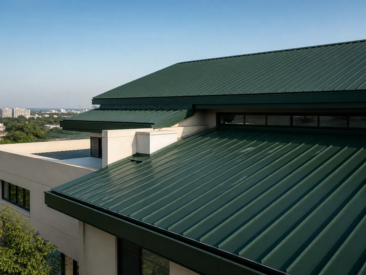 Premium dark green standing-seam metal roofing system with coordinated ridge and edge flashings