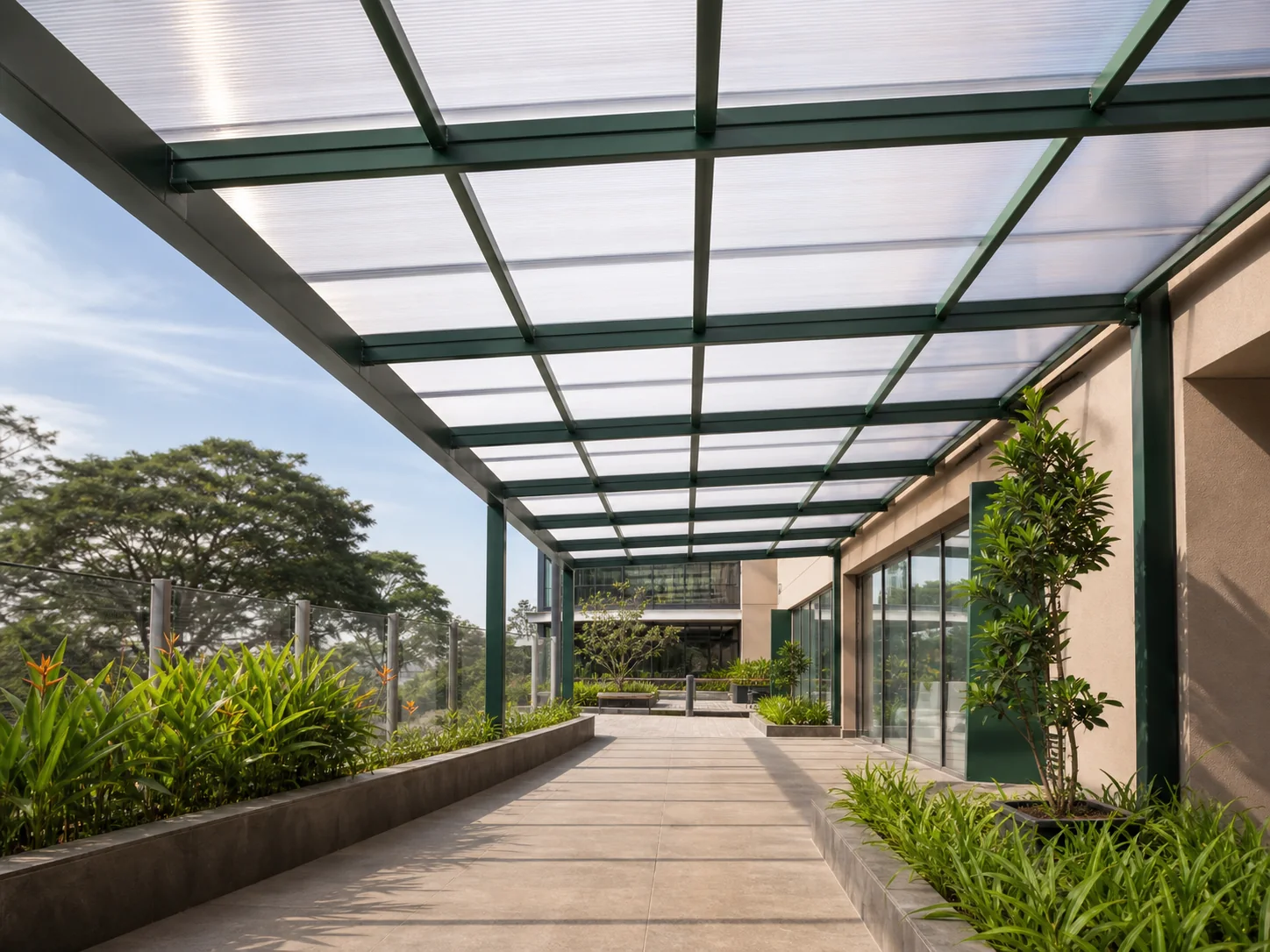 Premium polycarbonate daylight roofing system over a modern walkway