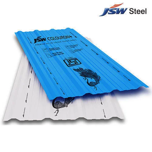 Blue and white JSW Colouron+ colour-coated profiled roofing sheets