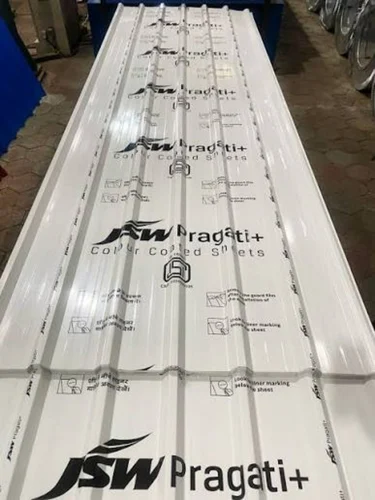 White JSW Pragati+ colour-coated profiled roofing sheets with visible product markings