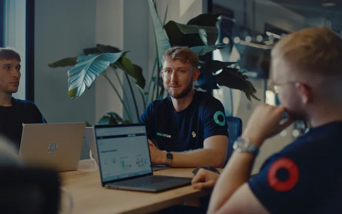 Three Halo colleagues around a table with laptops open, one explaining a dashboard on screen