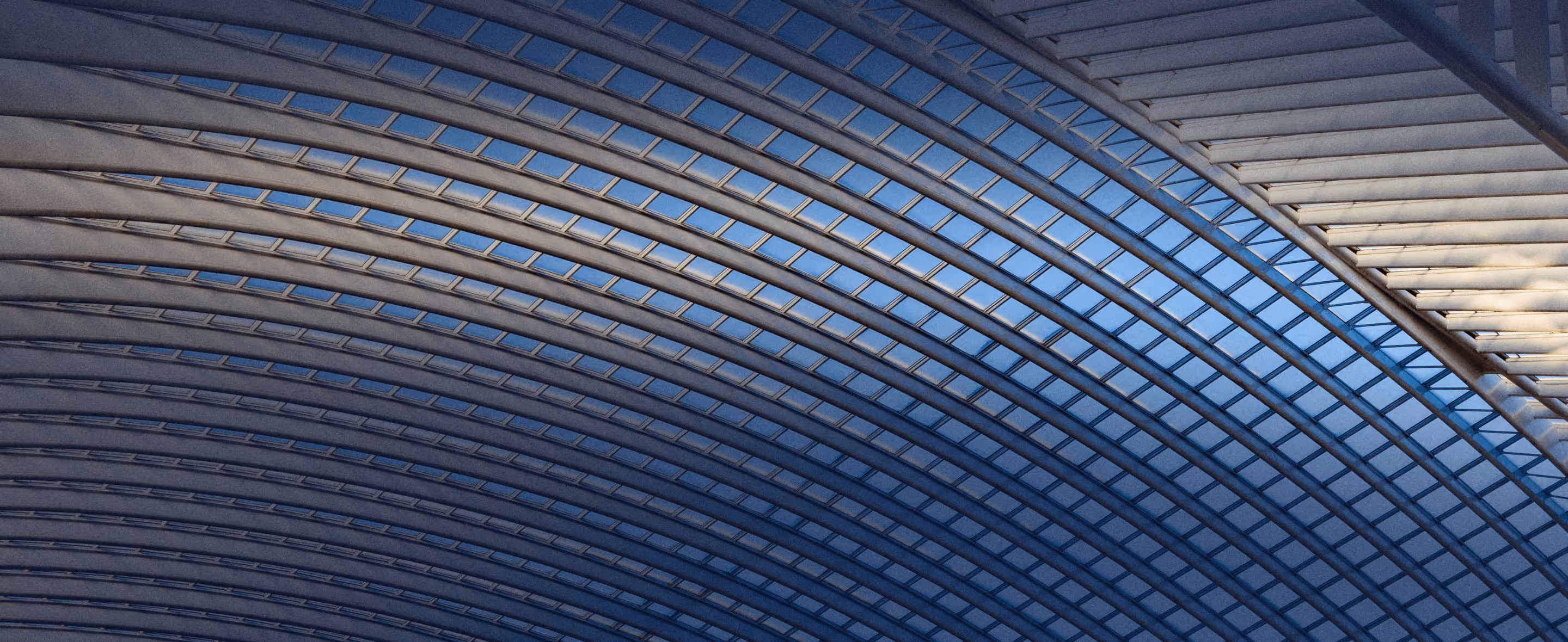 Curved architectural ceiling structure made of white vaulted arches and glass panels showing a clear blue sky.