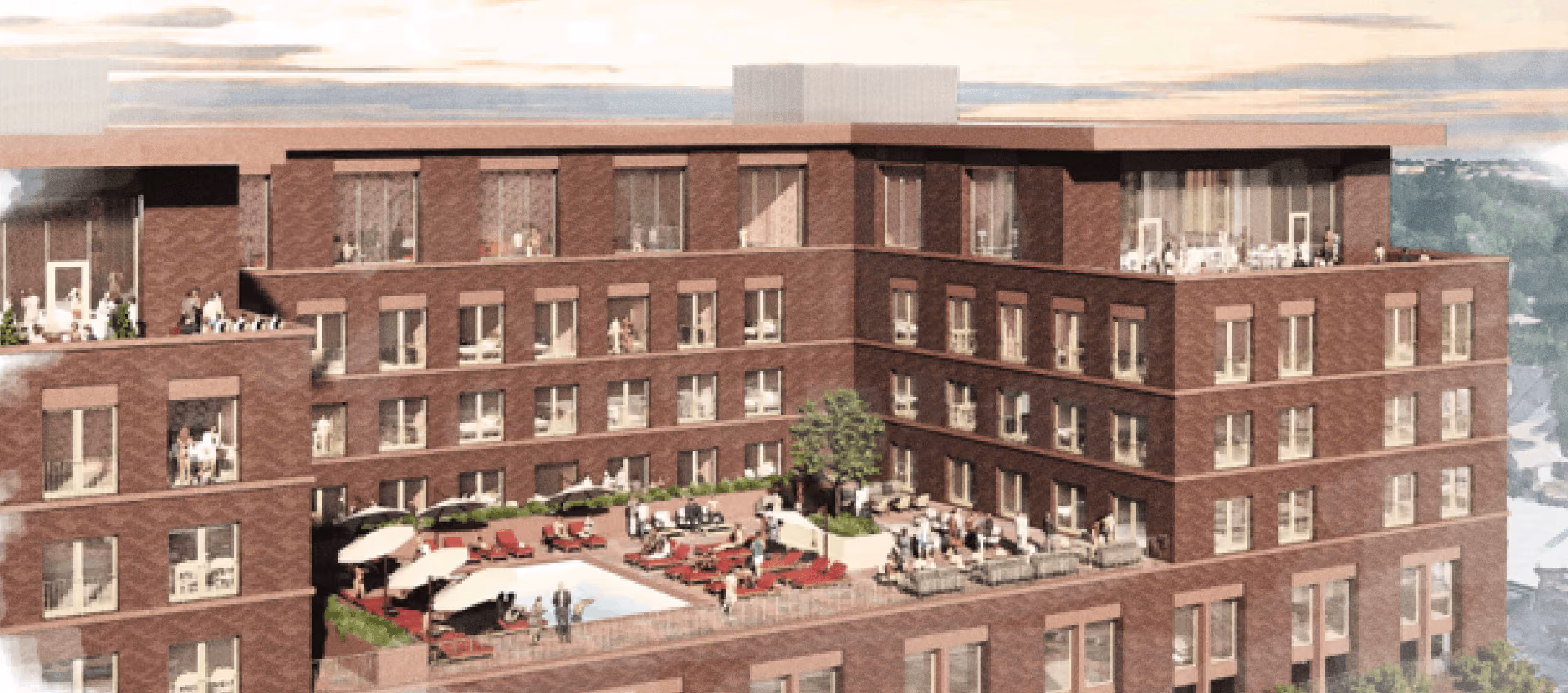 Architectural rendering of a modern red brick hotel with a rooftop pool and lounge terrace.