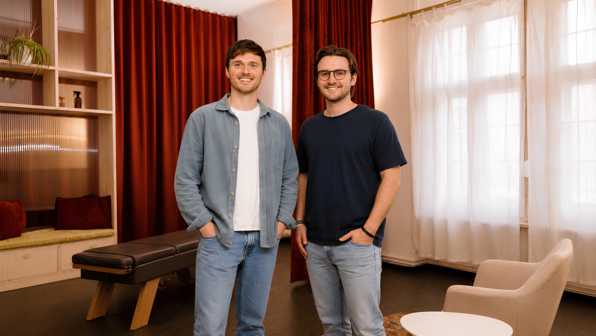 Die Chiropraktiker Max und Paul stehen nebeneinander im Behandlungsraum ihrer Praxis in Berlin-Friedrichshain.