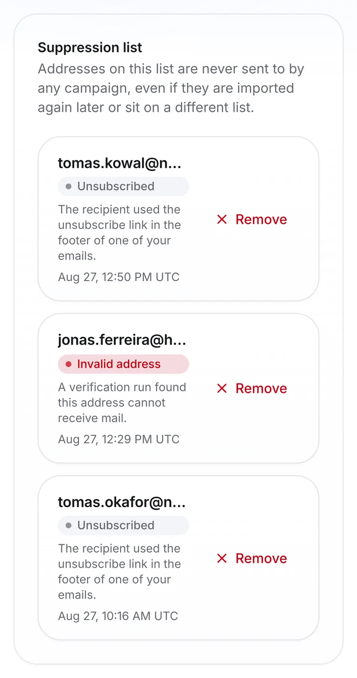 Outfrank suppression list on mobile, each address showing why it is suppressed