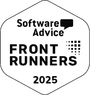 Hexagonal badge with 'Software Advice Front Runners 2025' text and a small grid logo.