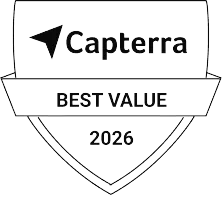 Capterra Best Value 2026 award badge with a shield shape and an arrow icon.