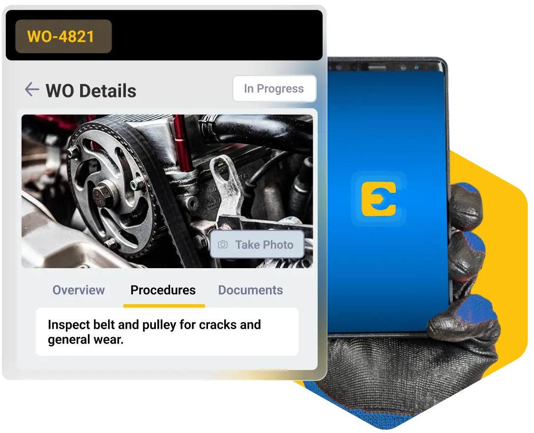 Smartphone held by a gloved hand displaying an app interface with work order WO-4821 in progress, showing a photo of an engine belt and pulley with instructions to inspect them for cracks and wear under the Procedures tab.