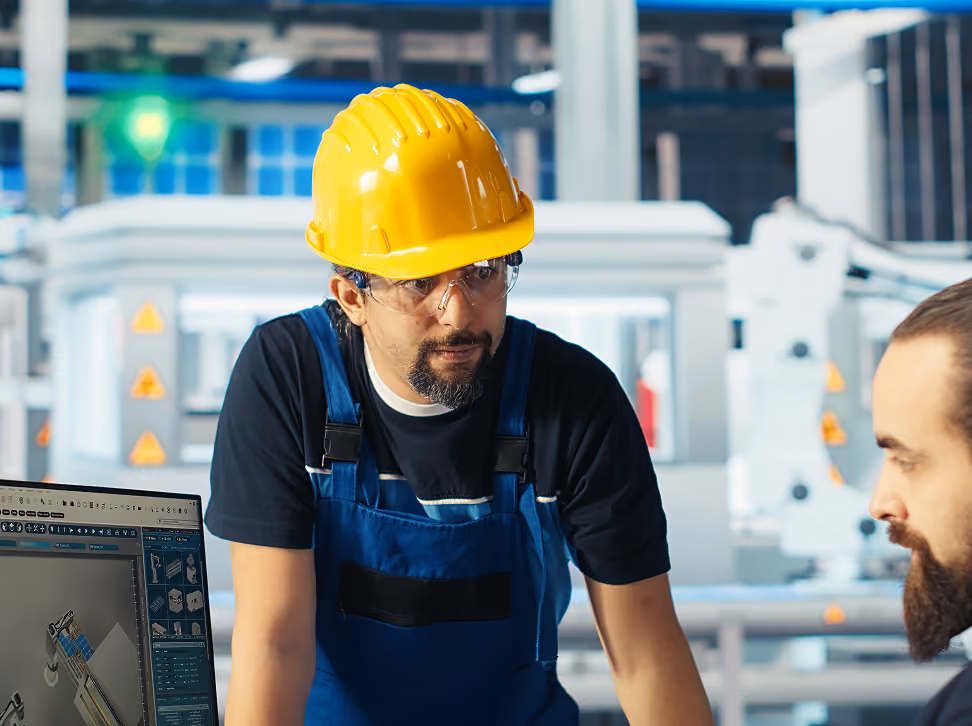 Two male engineers in a modern industrial setting discussing a project with a computer showing a 3D design model, one wearing a yellow hard hat and safety glasses.