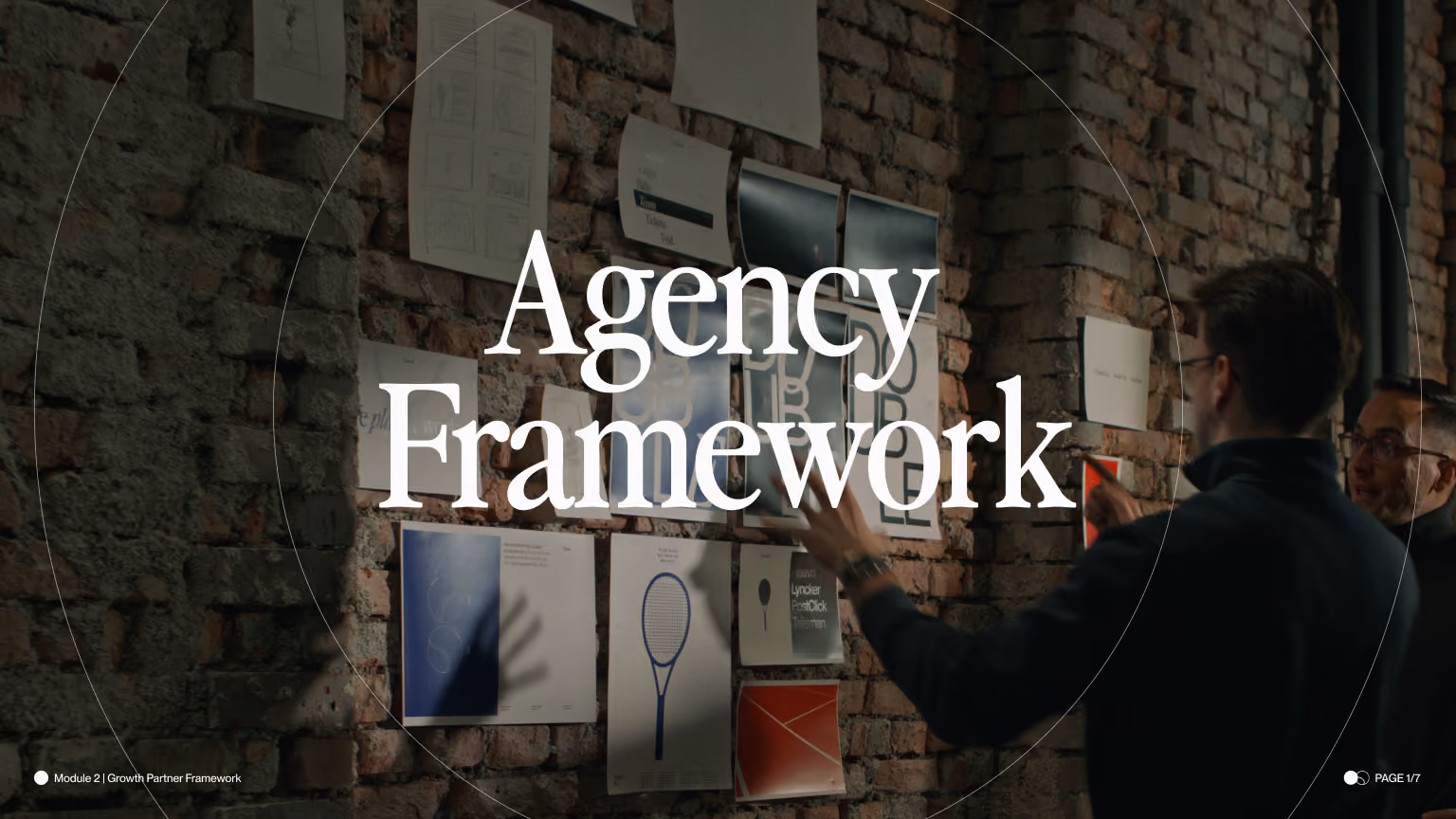 Two men discussing design plans pinned on a brick wall with 'Agency Framework' text overlayed.