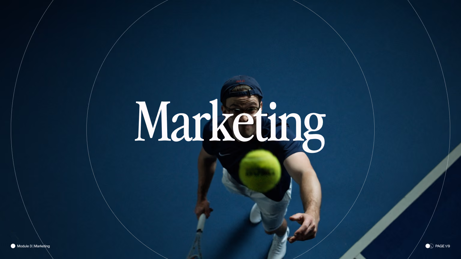 Man in cap playing tennis hitting a ball towards the camera on a blue court with 'Marketing' text