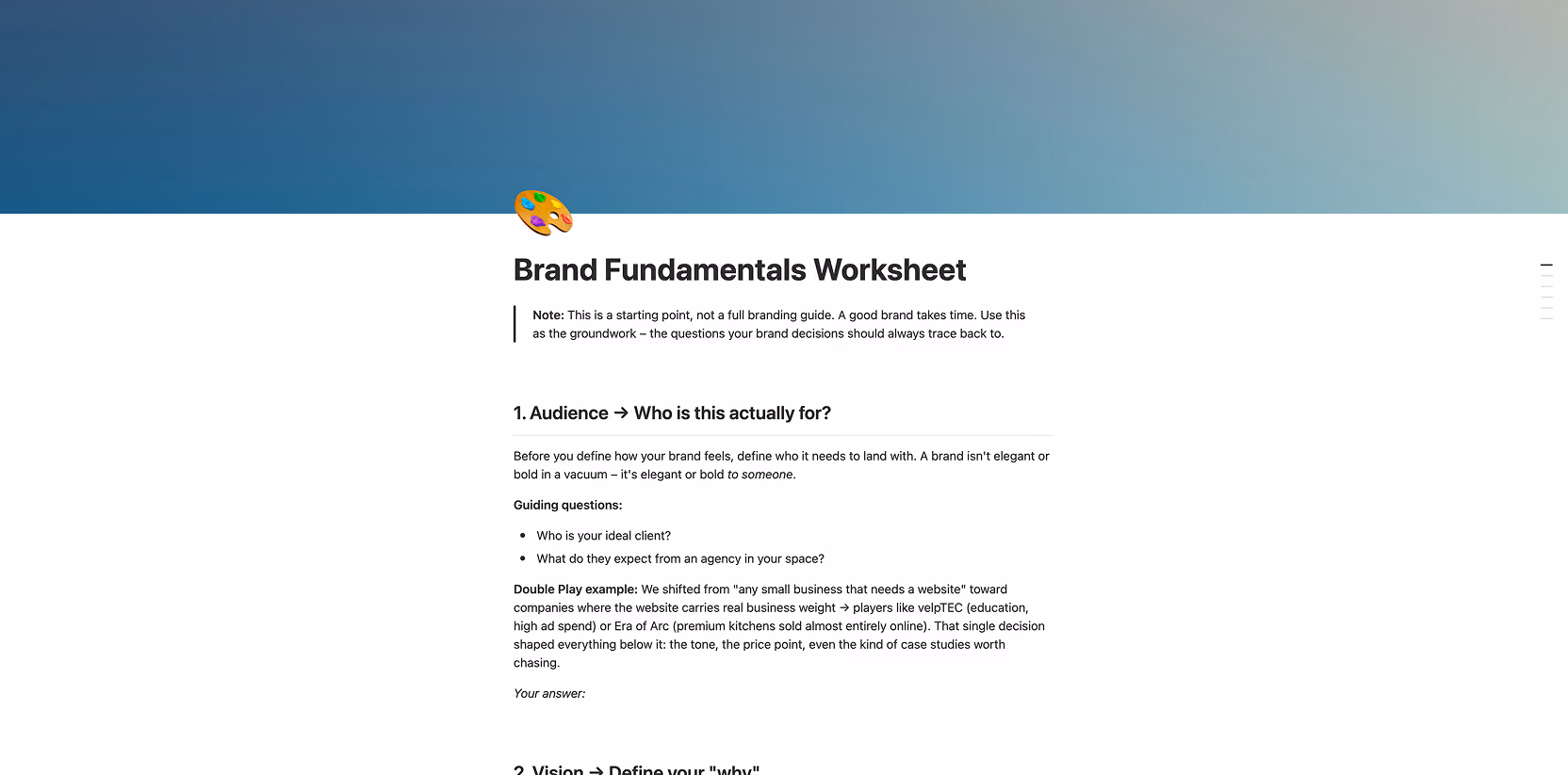 Brand Fundamentals Worksheet with questions on audience and examples for defining brand direction.