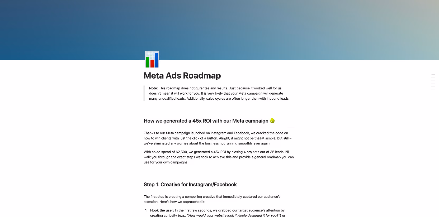 Document titled Meta Ads Roadmap explaining steps and ROI from a Meta campaign on Instagram and Facebook.