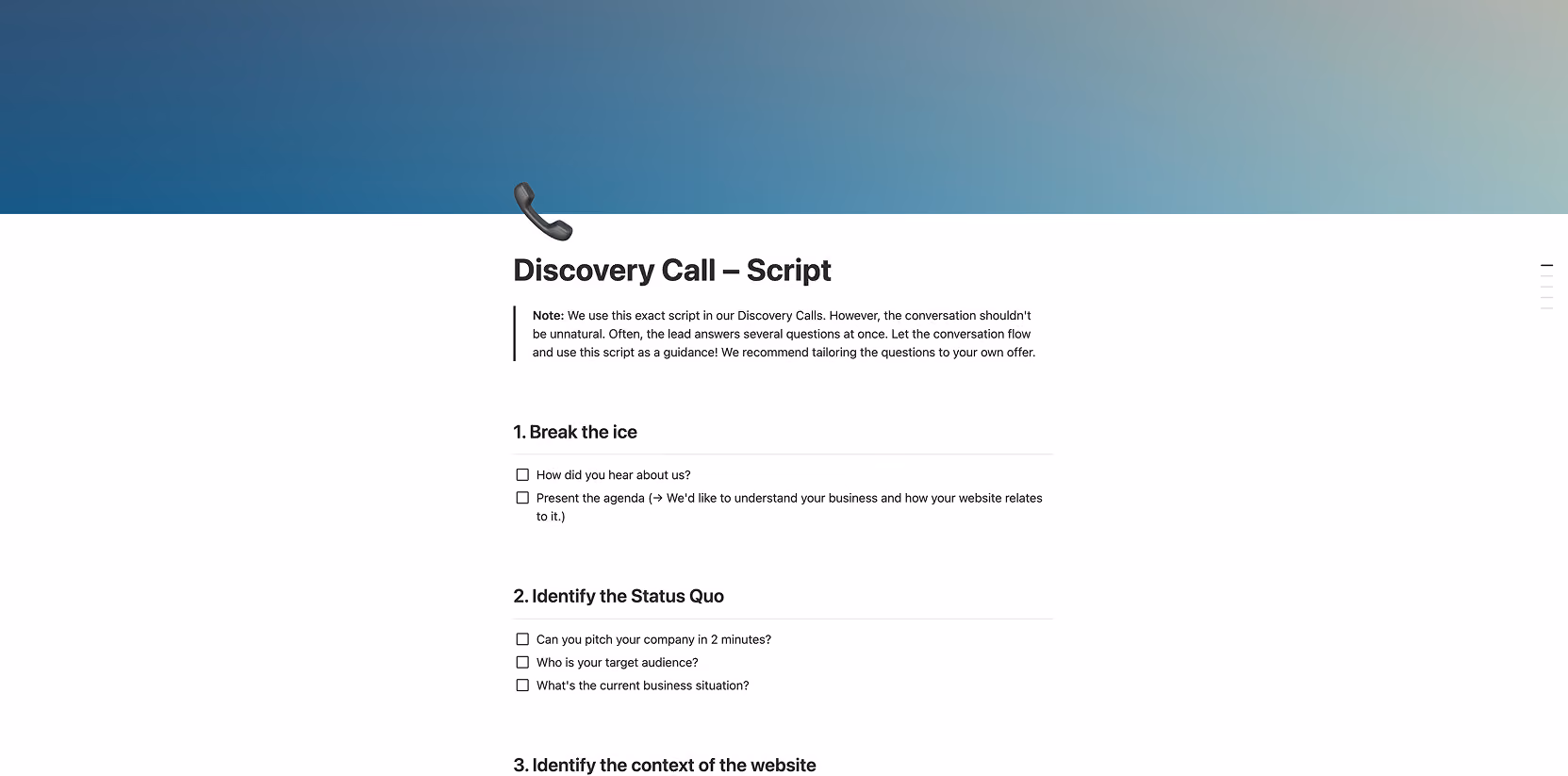 Discovery Call script with steps to break the ice and identify status quo in business discussion checklist.