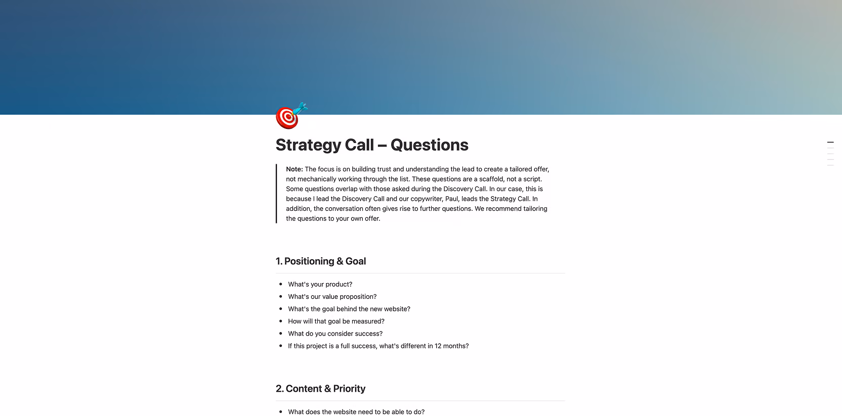 Text listing strategy call questions on positioning, goal, content, and priority with a target icon at top.