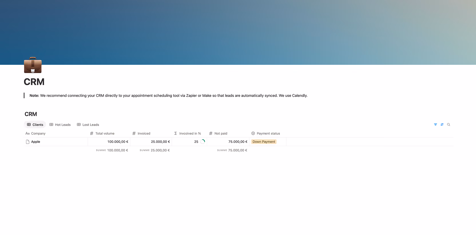CRM dashboard showing Apple client with total volume, invoiced, unpaid amounts, and payment status.