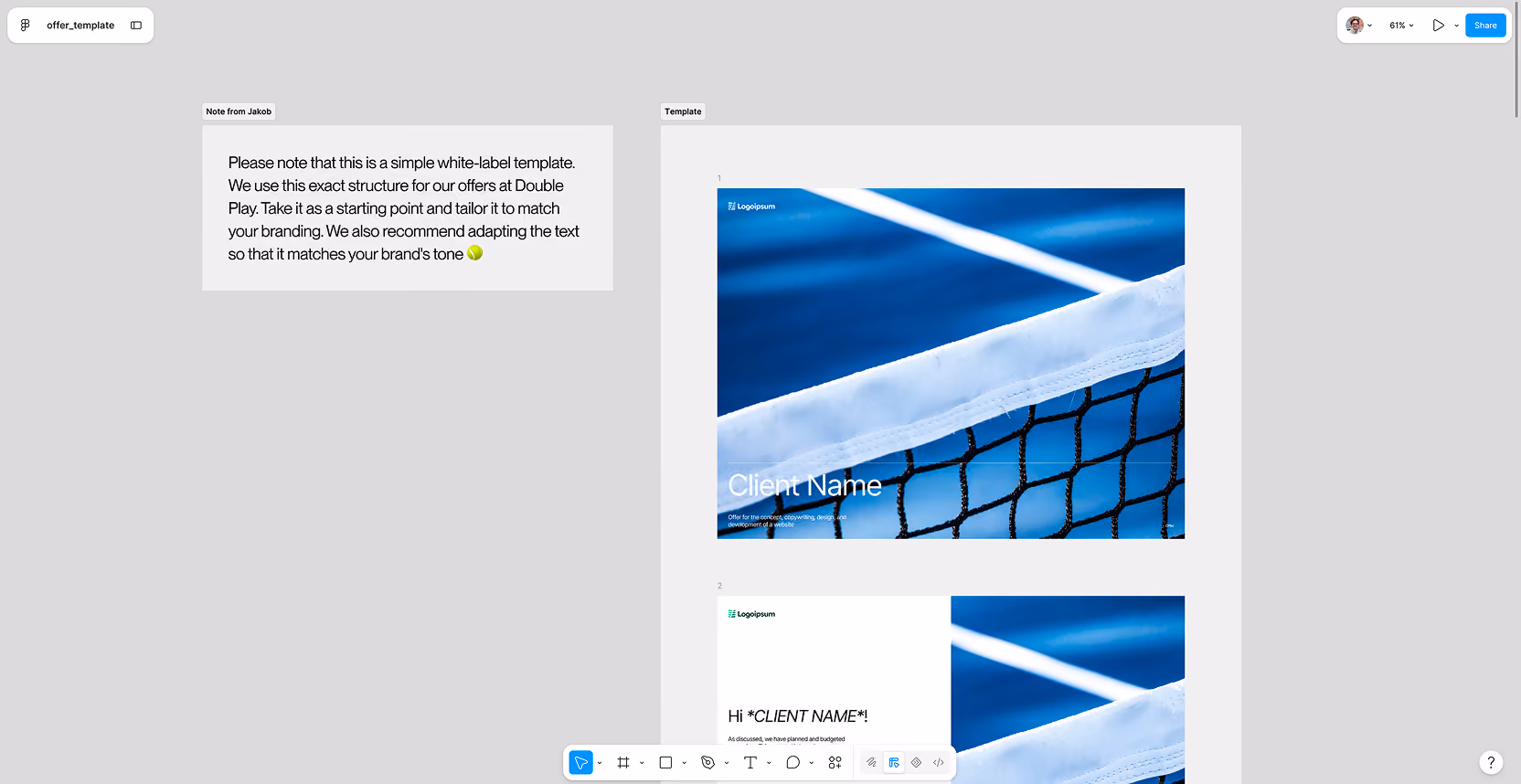Screenshot of a design template with tennis net image and text placeholders for client offers.