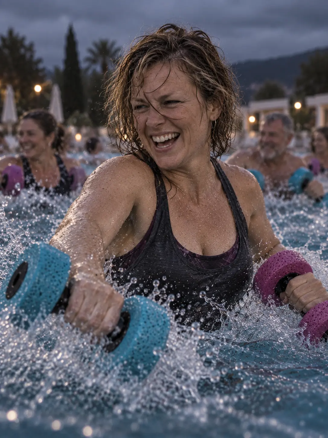 Lachende Aqua-Tänzerin mit bunten Hanteln beim Grunge Special