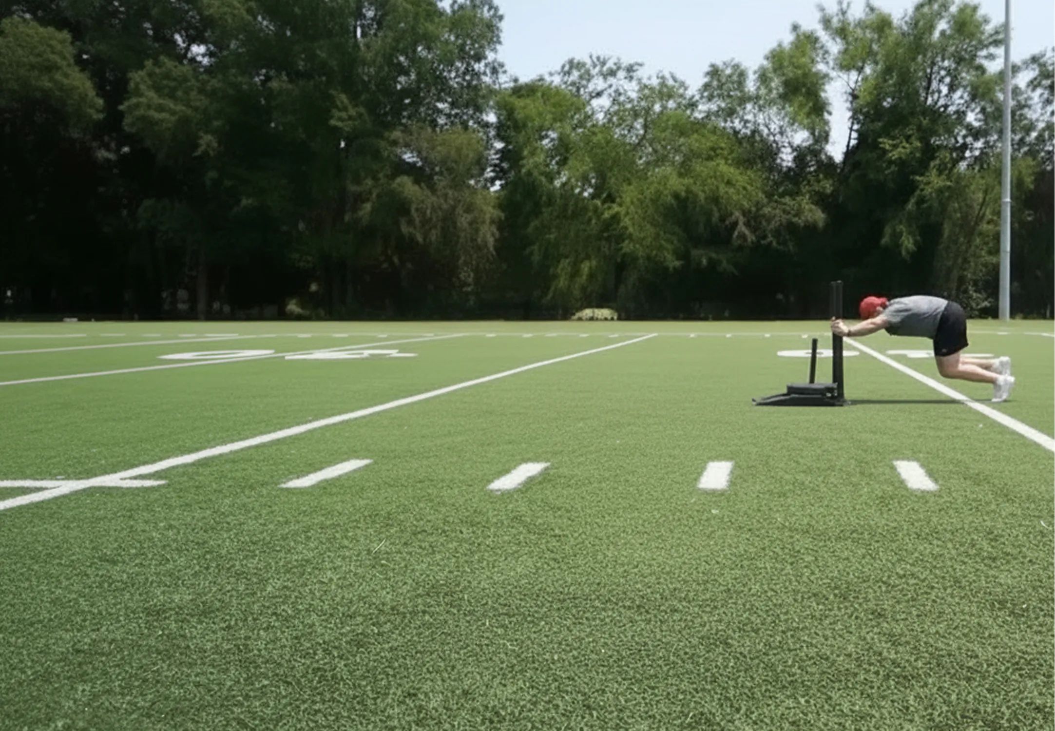 Taylor pushing a sled across an empty turf field lined with trees.