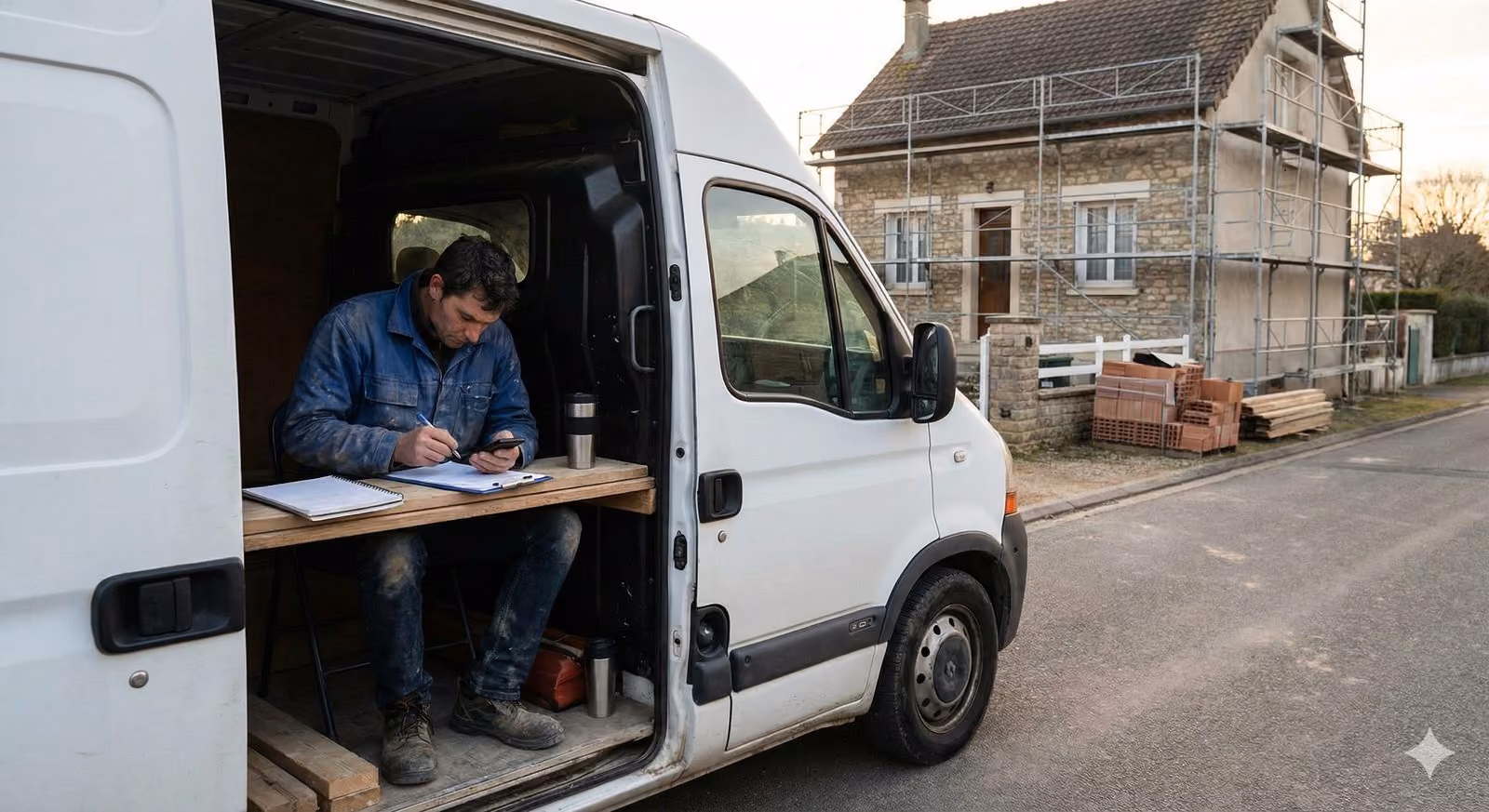 Artisan remplissant des documents dans son utilitaire, devant un chantier
