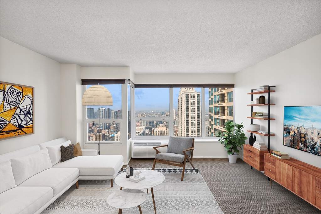 Luxury living space with panoramic Chicago views