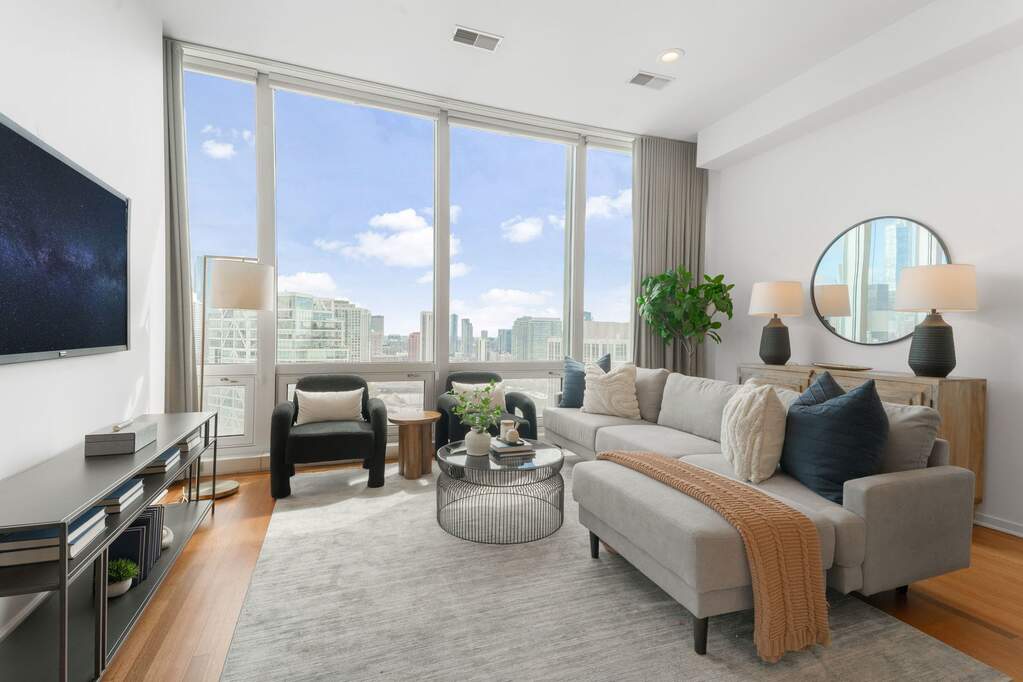 Luxury living space with panoramic Chicago views