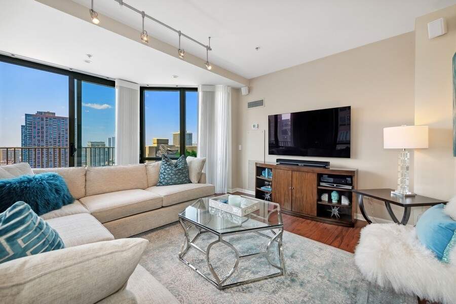 Luxury living space with panoramic Chicago views