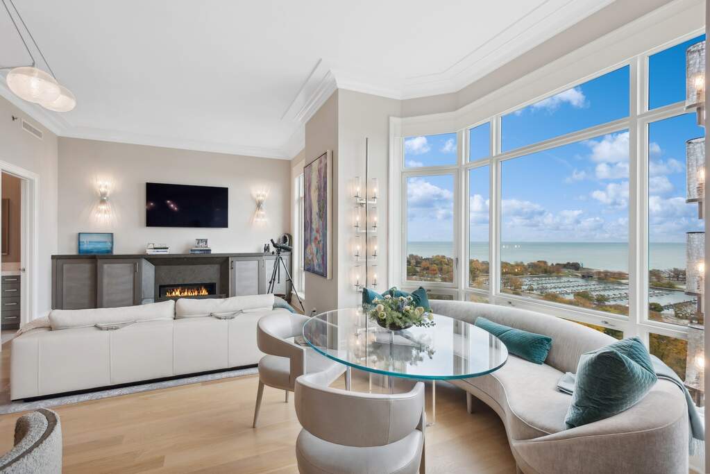 Luxury living space with panoramic Chicago views
