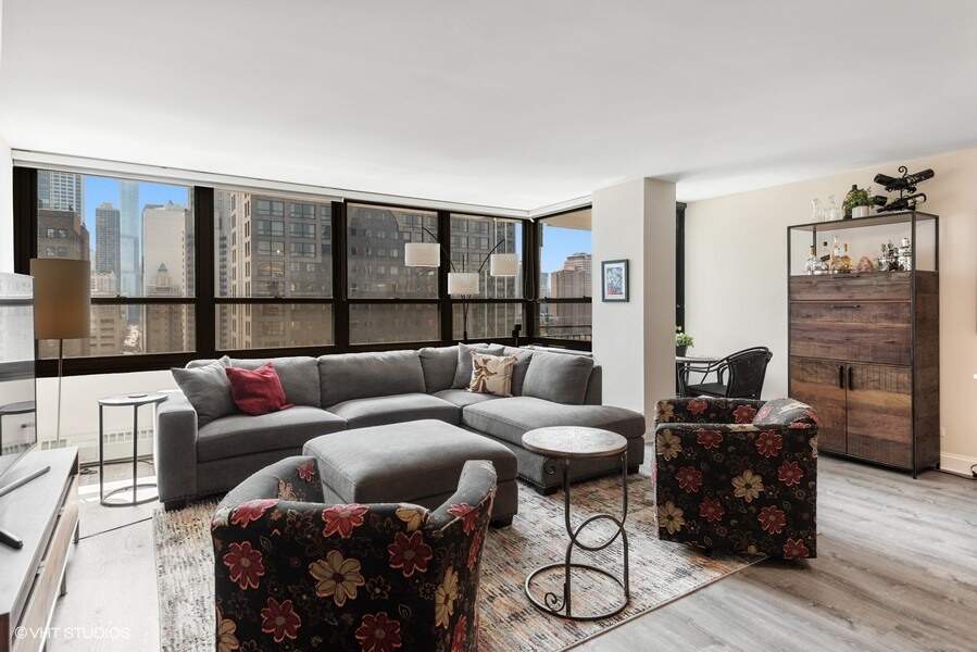 Luxury living space with panoramic Chicago views