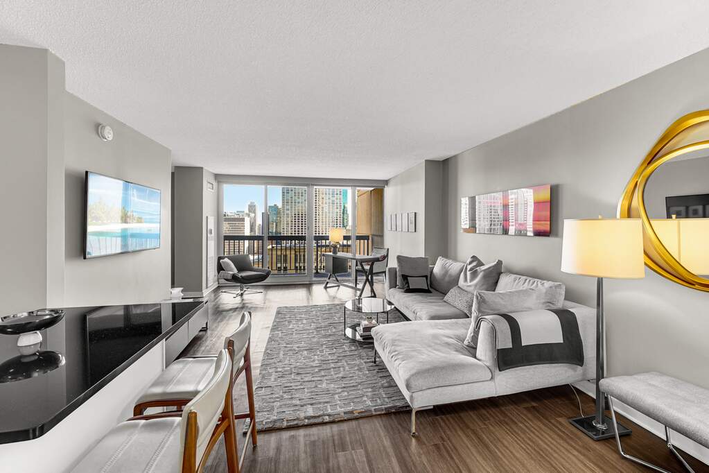 Luxury living space with panoramic Chicago views