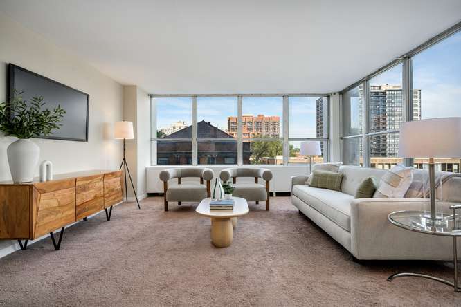 Luxury living space with panoramic Chicago views