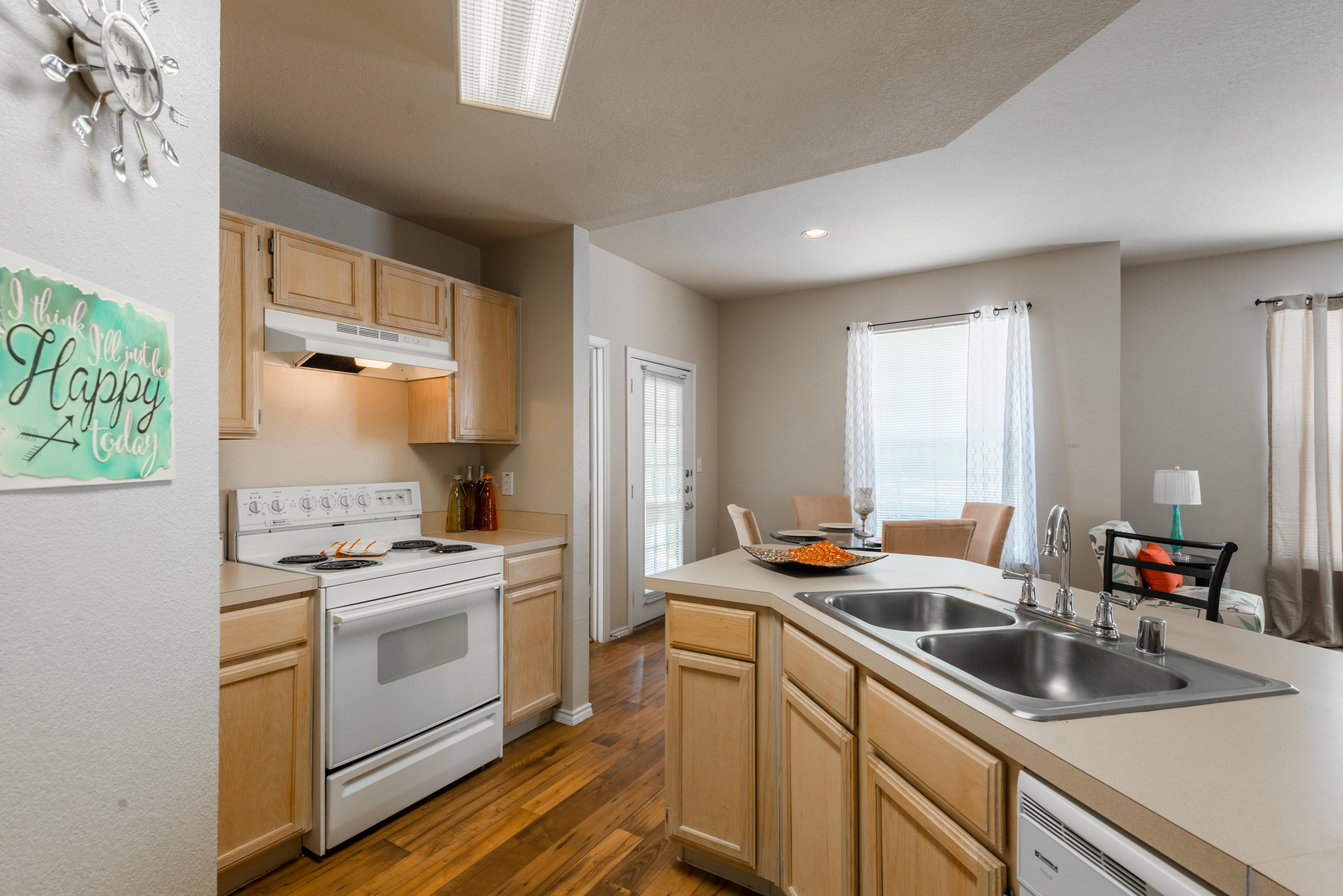 Kitchen with dual-basin sink, stove, oven, and range hood